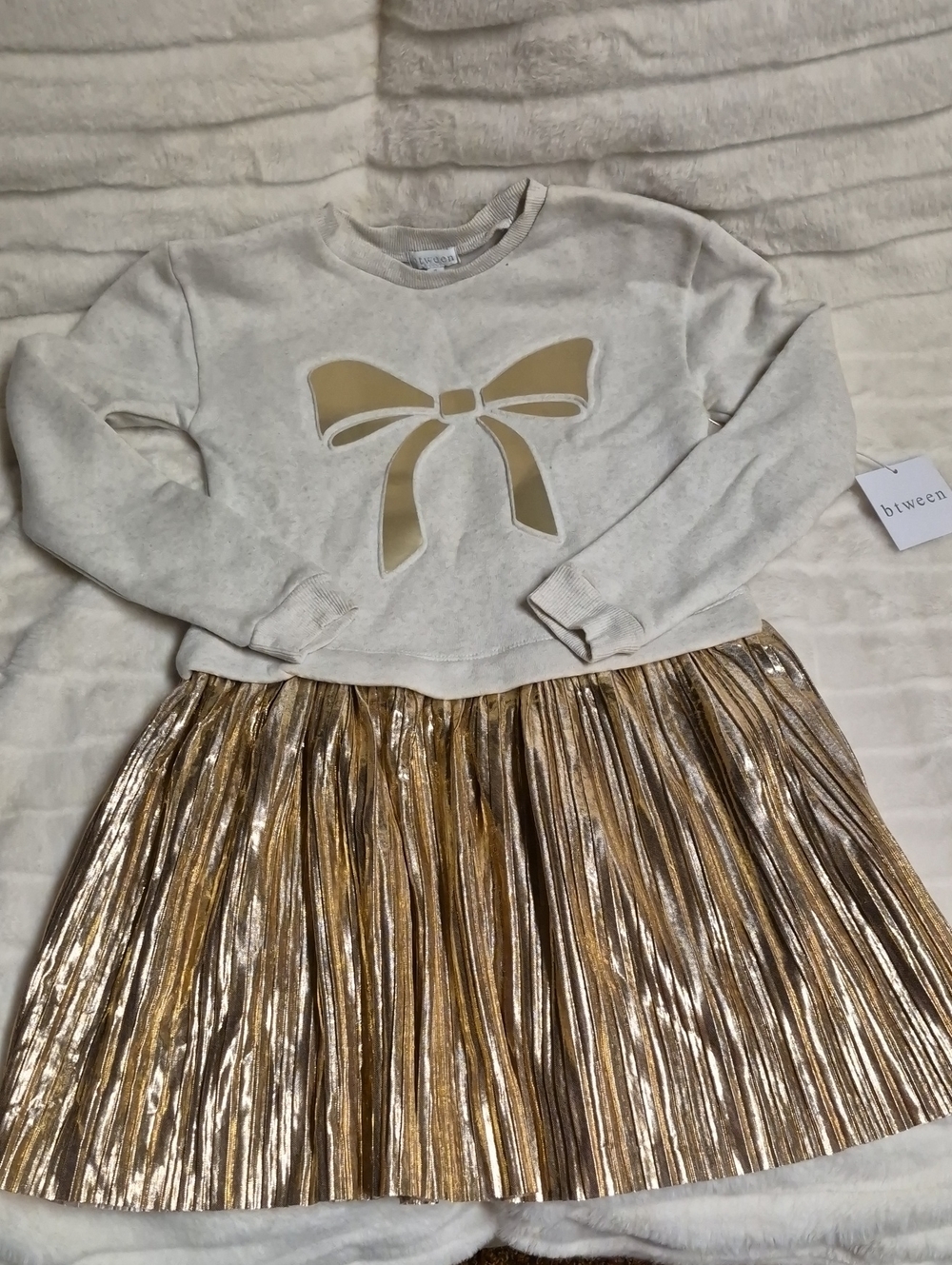 btween Cream Sweatshirt Dress with Gold Bow & Metallic Skirt